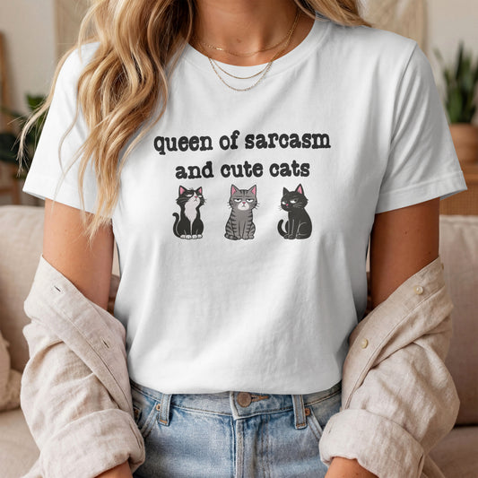 Model wearing Queen of Sarcasm Three Cats T-Shirt with three cat graphic design