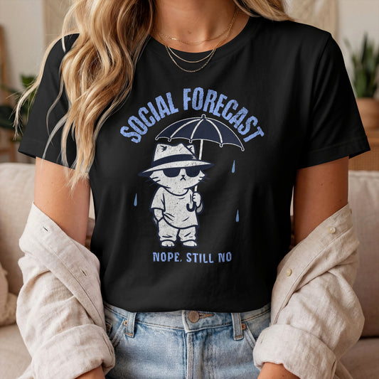 Model wearing Nope Still No Umbrella Cat T-Shirt with umbrella cat graphic design