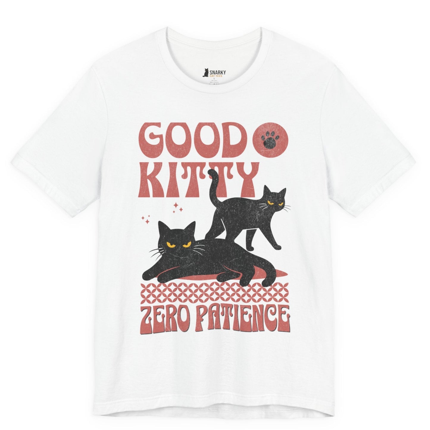 Funny cat t-shirt with Good Kitty Zero Patience slogan and black cats graphic on white shirt