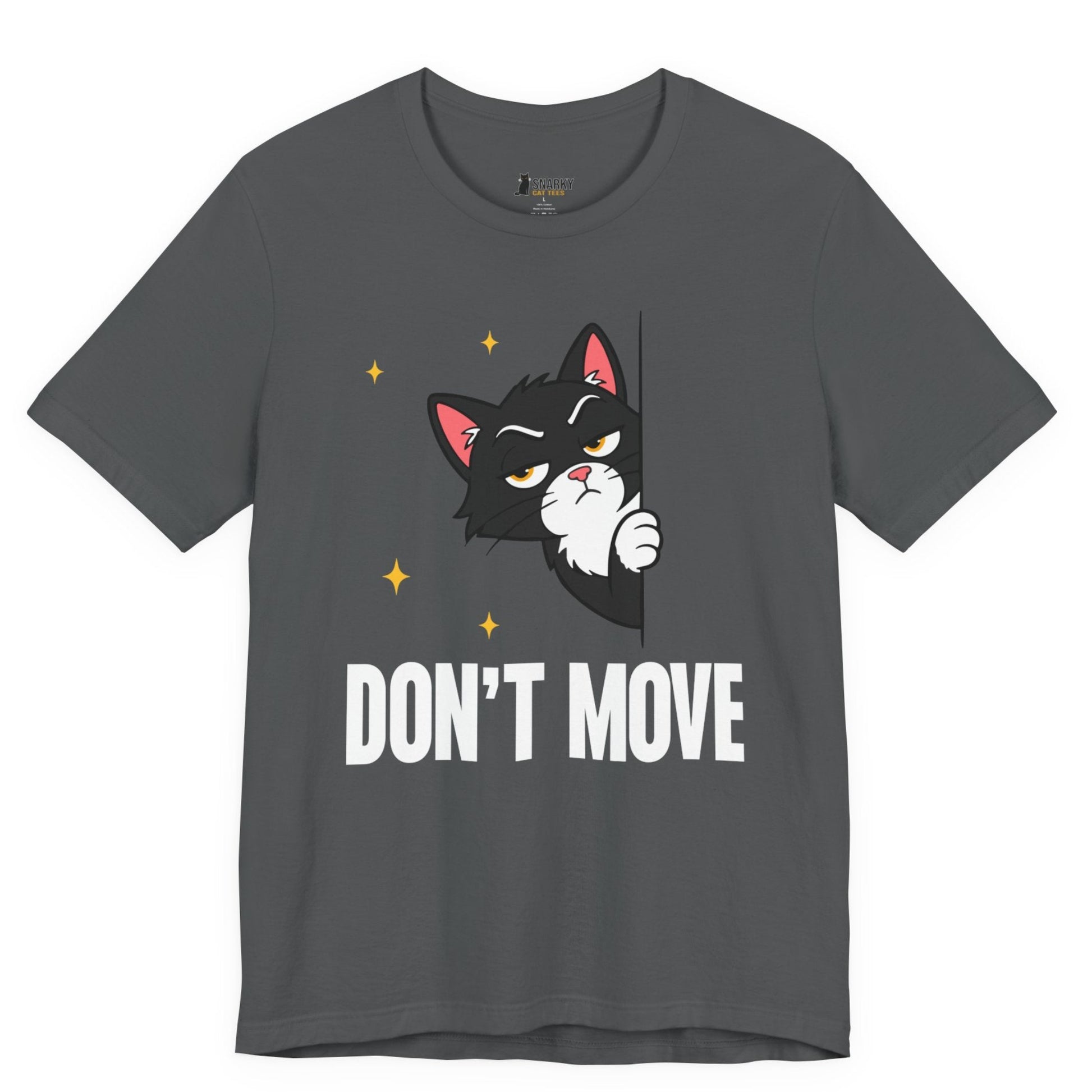 Snarky cat t-shirt with Don’t Move slogan and peeking black cat graphic on gray shirt