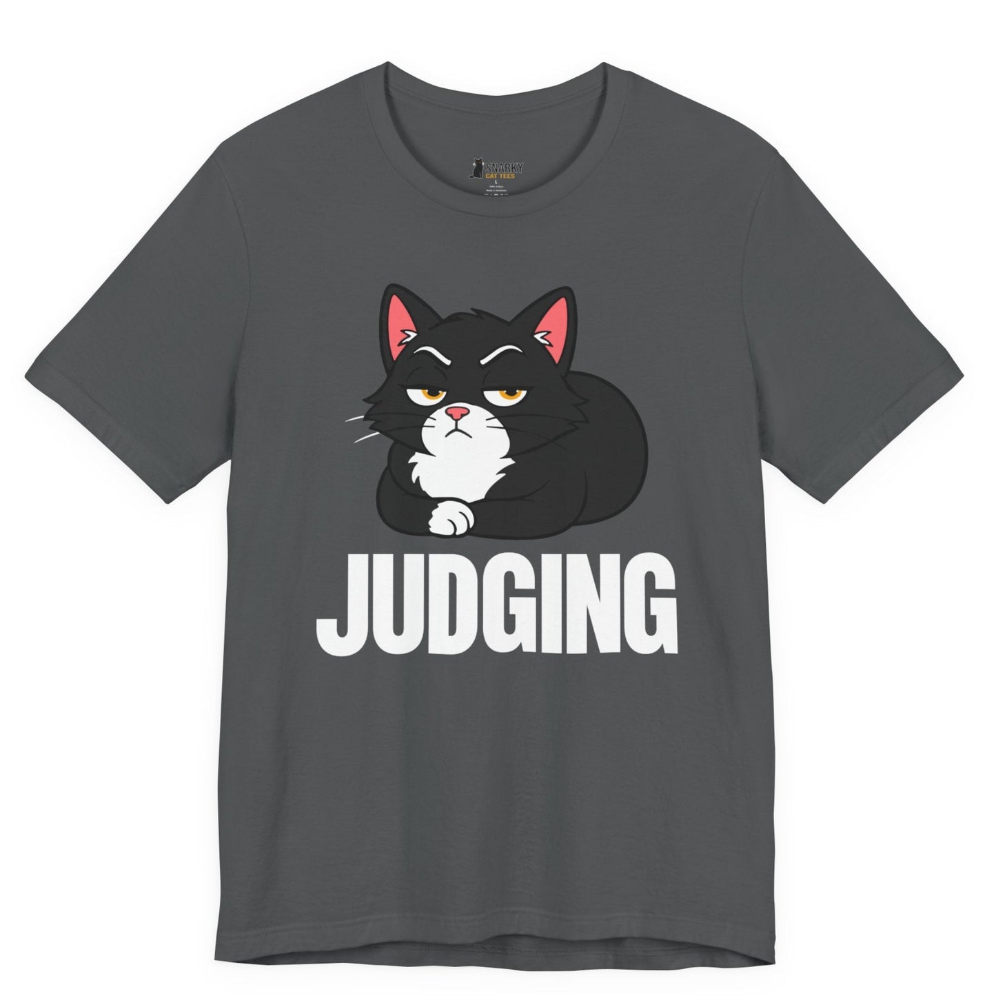 Snarky cat t-shirt with Judging slogan and black loaf cat graphic on gray shirt