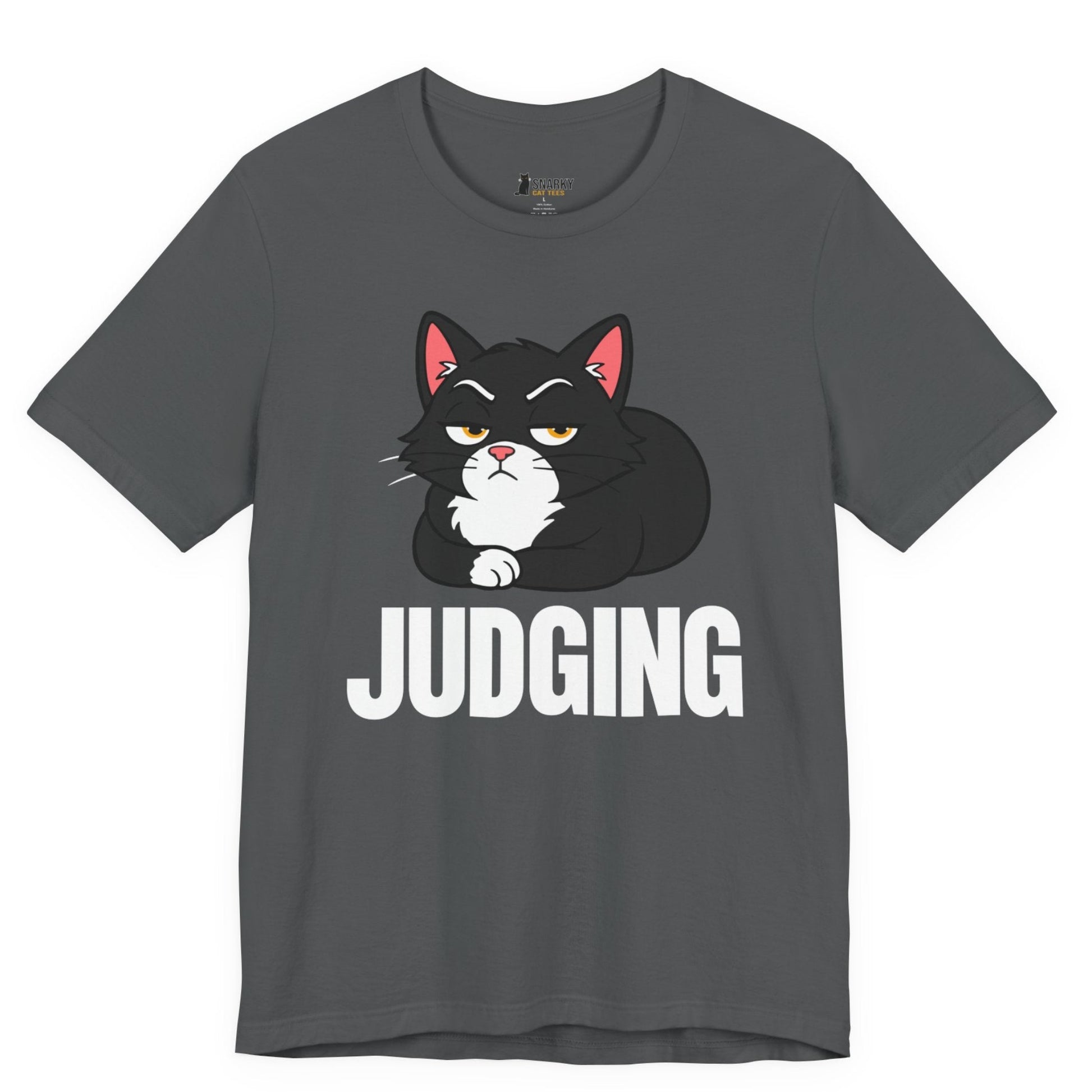 Snarky cat t-shirt with Judging slogan and black loaf cat graphic on gray shirt