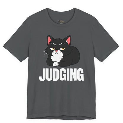 Snarky cat t-shirt with Judging slogan and black loaf cat graphic on gray shirt