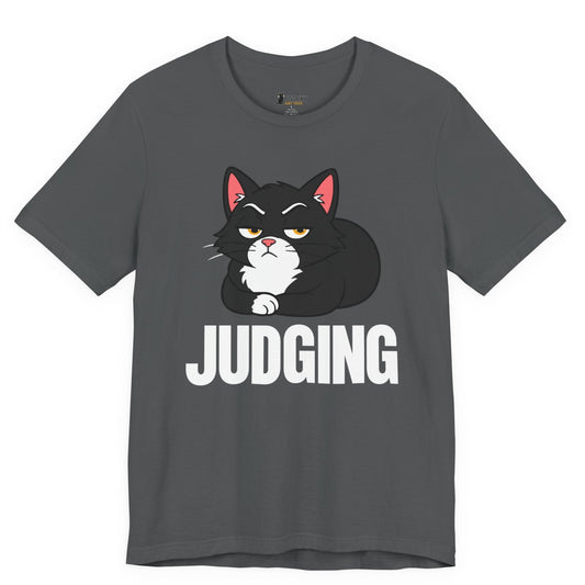 Snarky cat t-shirt with Judging slogan and black loaf cat graphic on gray shirt