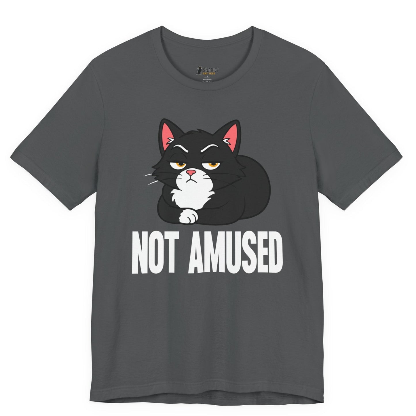Snarky cat t-shirt with Not Amused slogan and black loaf cat graphic on gray shirt
