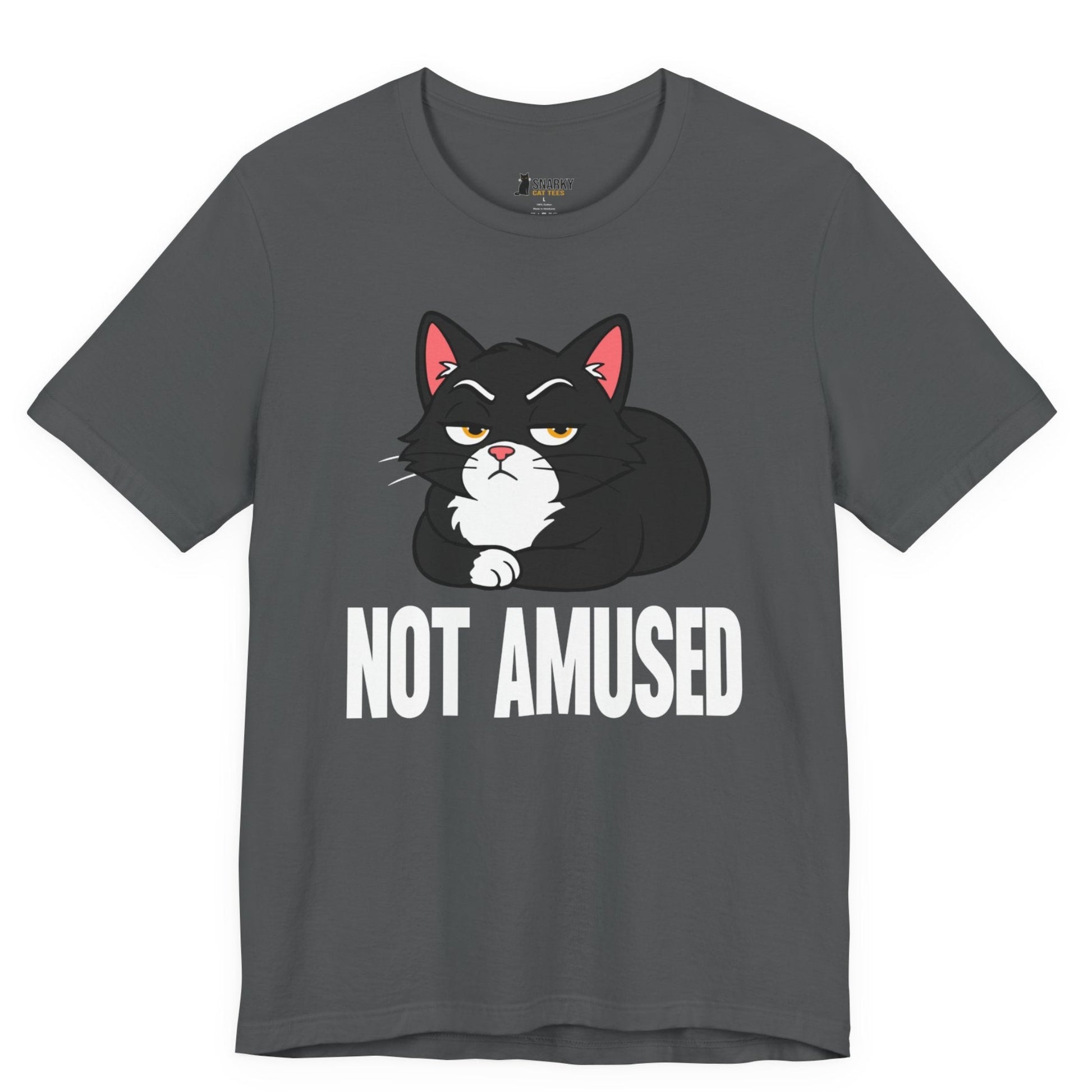 Snarky cat t-shirt with Not Amused slogan and black loaf cat graphic on gray shirt
