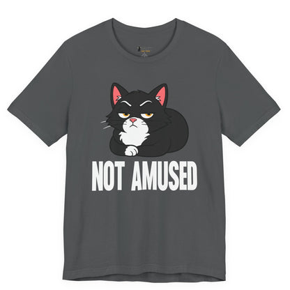 Snarky cat t-shirt with Not Amused slogan and black loaf cat graphic on gray shirt