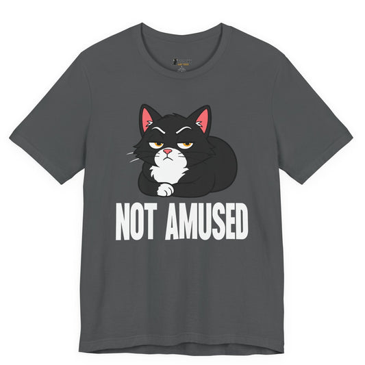 Snarky cat t-shirt with Not Amused slogan and black loaf cat graphic on gray shirt