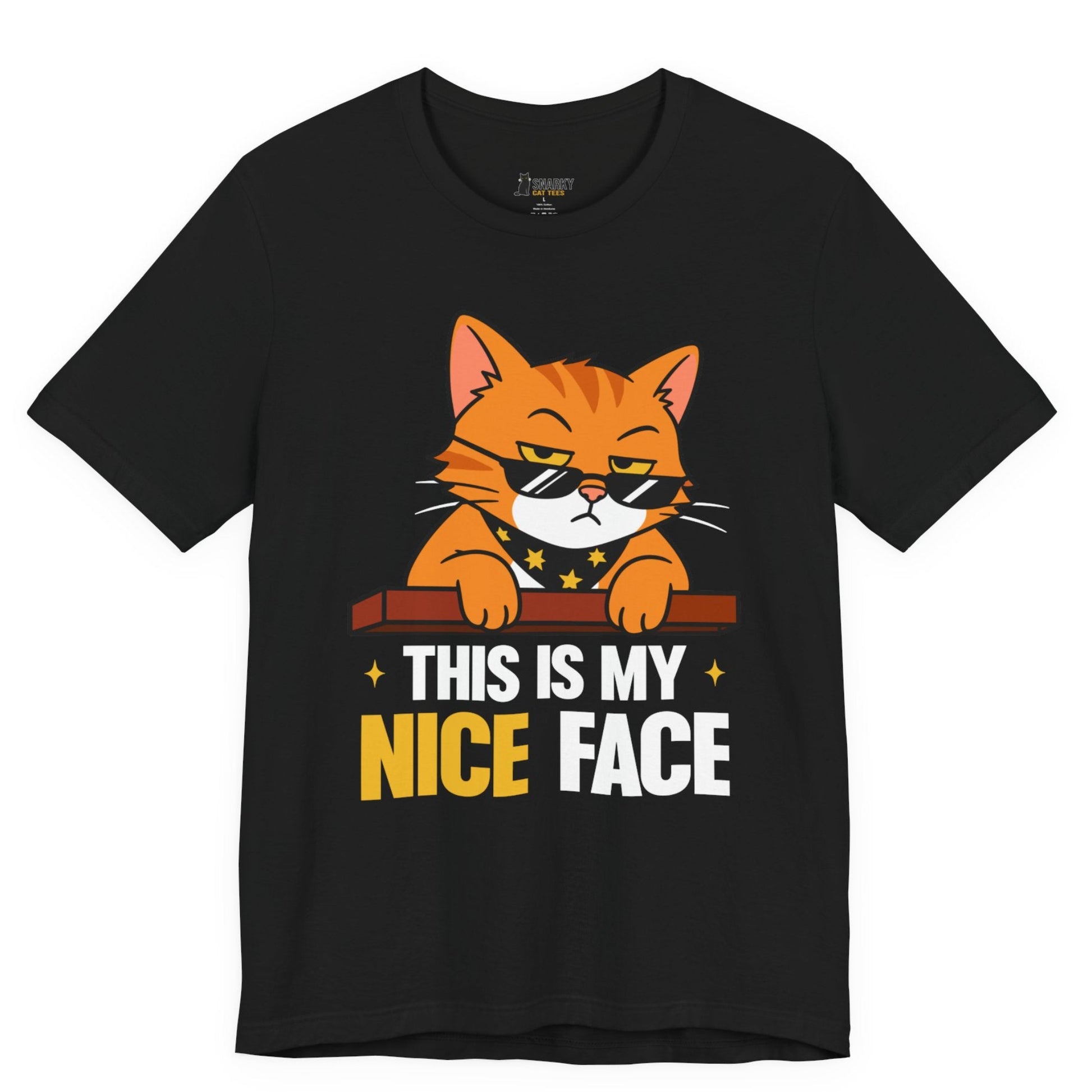 Funny cat t-shirt with This Is My Nice Face slogan and sunglasses cat graphic on black shirt
