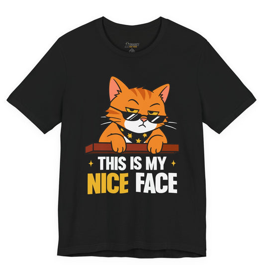 Funny cat t-shirt with This Is My Nice Face slogan and sunglasses cat graphic on black shirt