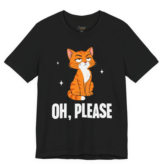 Sarcastic cat t-shirt with Oh Please slogan and seated orange cat graphic on black shirt