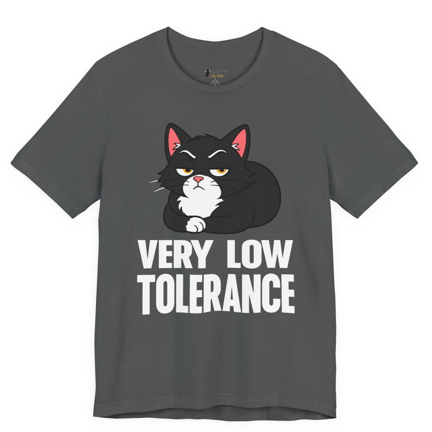 Snarky cat t-shirt with Very Low Tolerance slogan and black loaf cat graphic on gray shirt