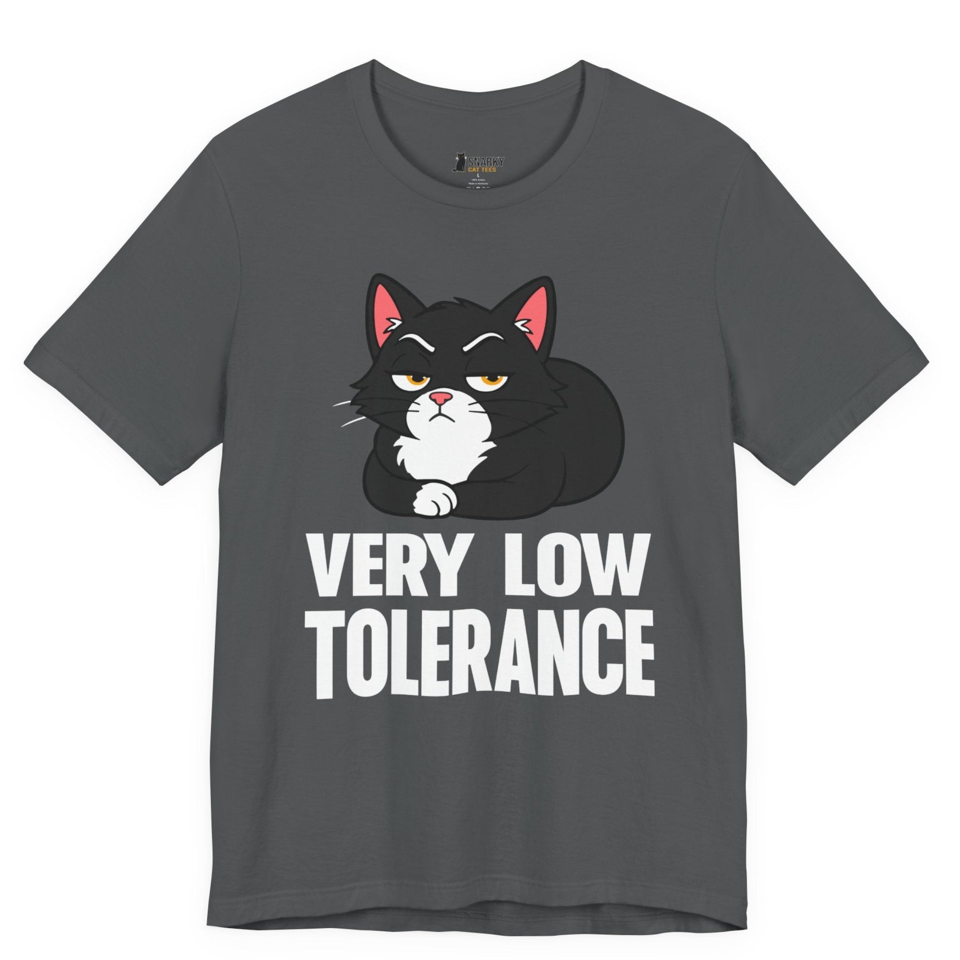 Snarky cat t-shirt with Very Low Tolerance slogan and black loaf cat graphic on gray shirt