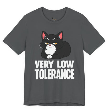 Snarky cat t-shirt with Very Low Tolerance slogan and black loaf cat graphic on gray shirt