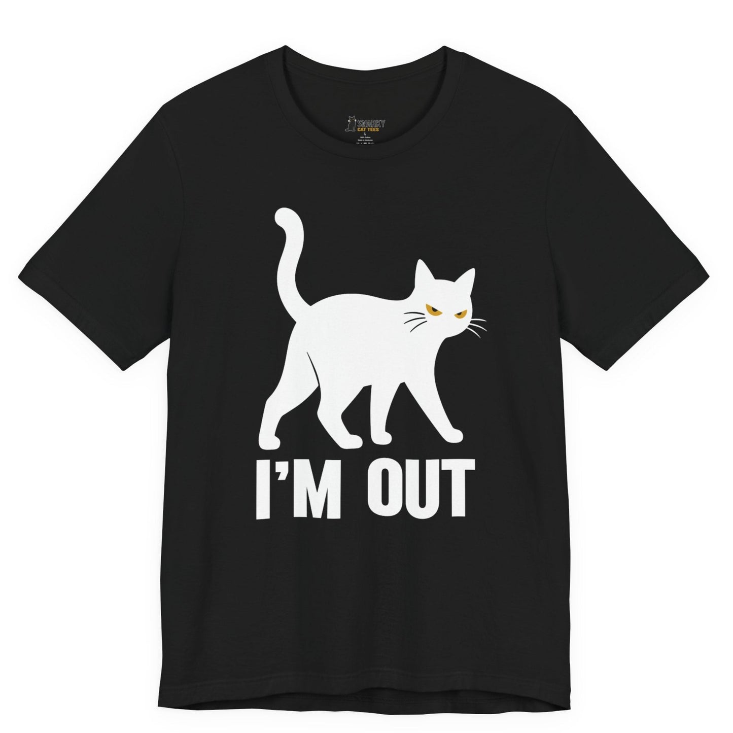 Sarcastic cat t-shirt with I’m Out slogan and white walking cat graphic on black shirt