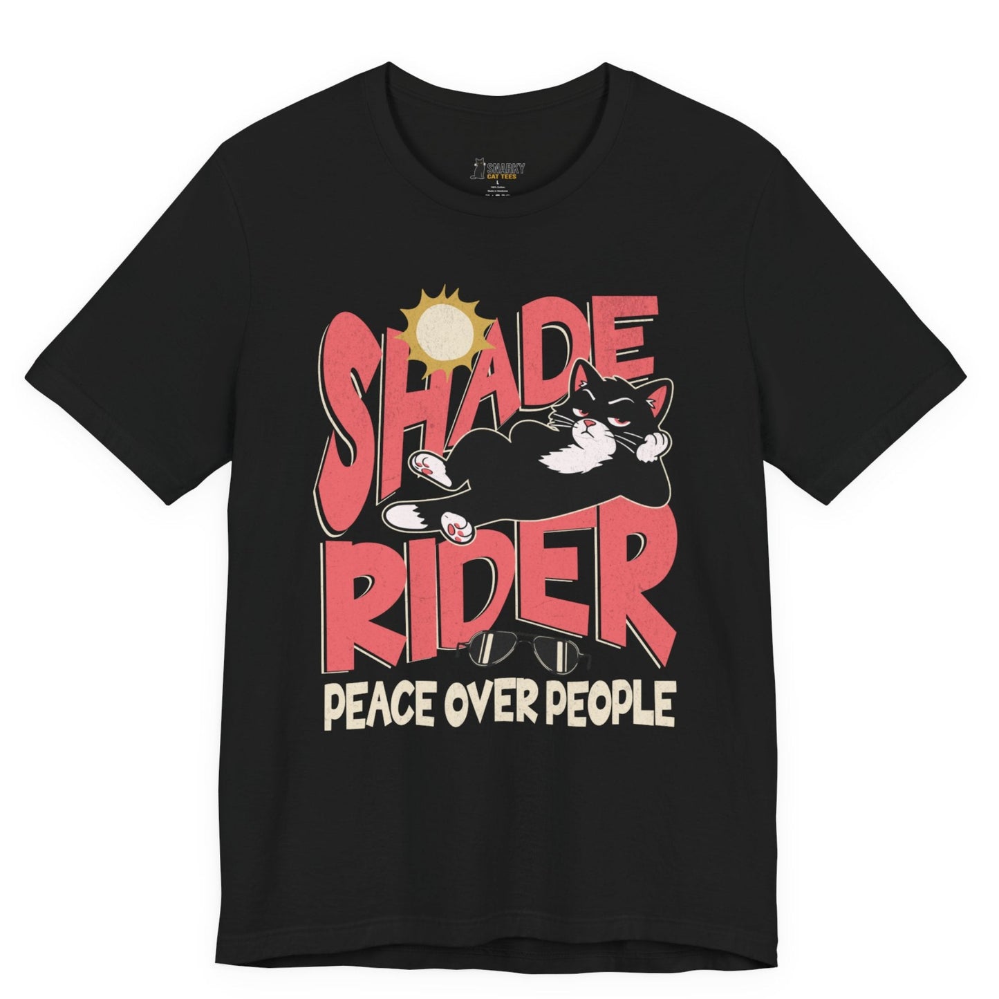 Funny cat t-shirt with Shade Rider Peace Over People slogan and lounging cat graphic on black shirt