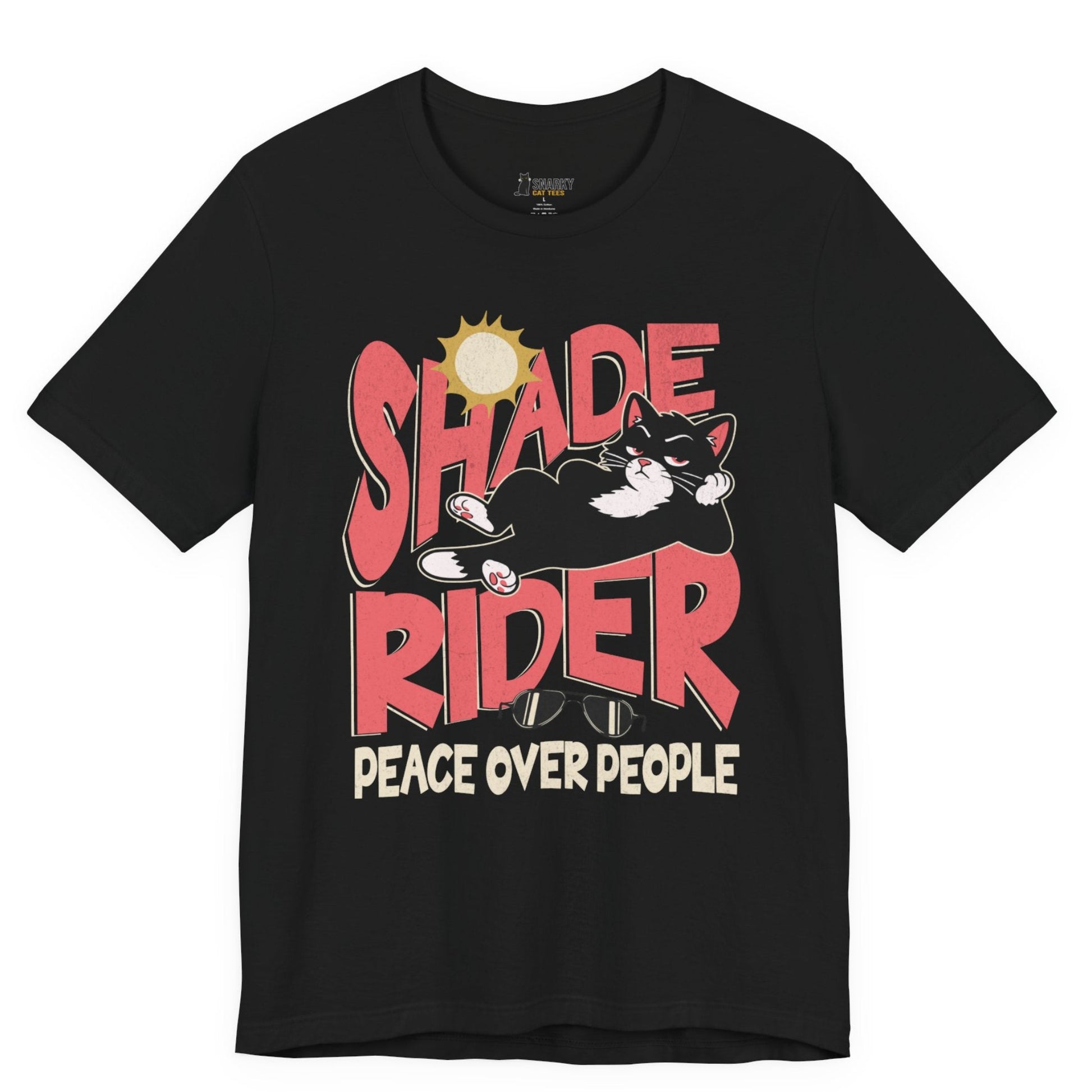 Funny cat t-shirt with Shade Rider Peace Over People slogan and lounging cat graphic on black shirt