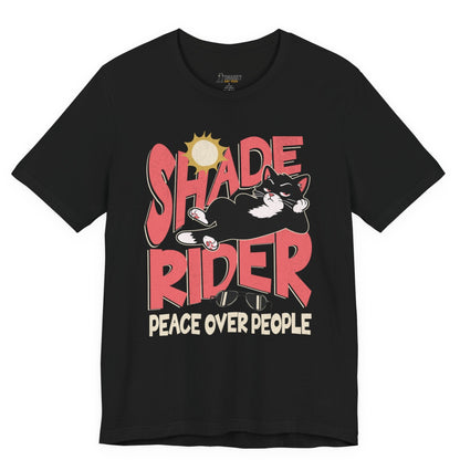 Funny cat t-shirt with Shade Rider Peace Over People slogan and lounging cat graphic on black shirt