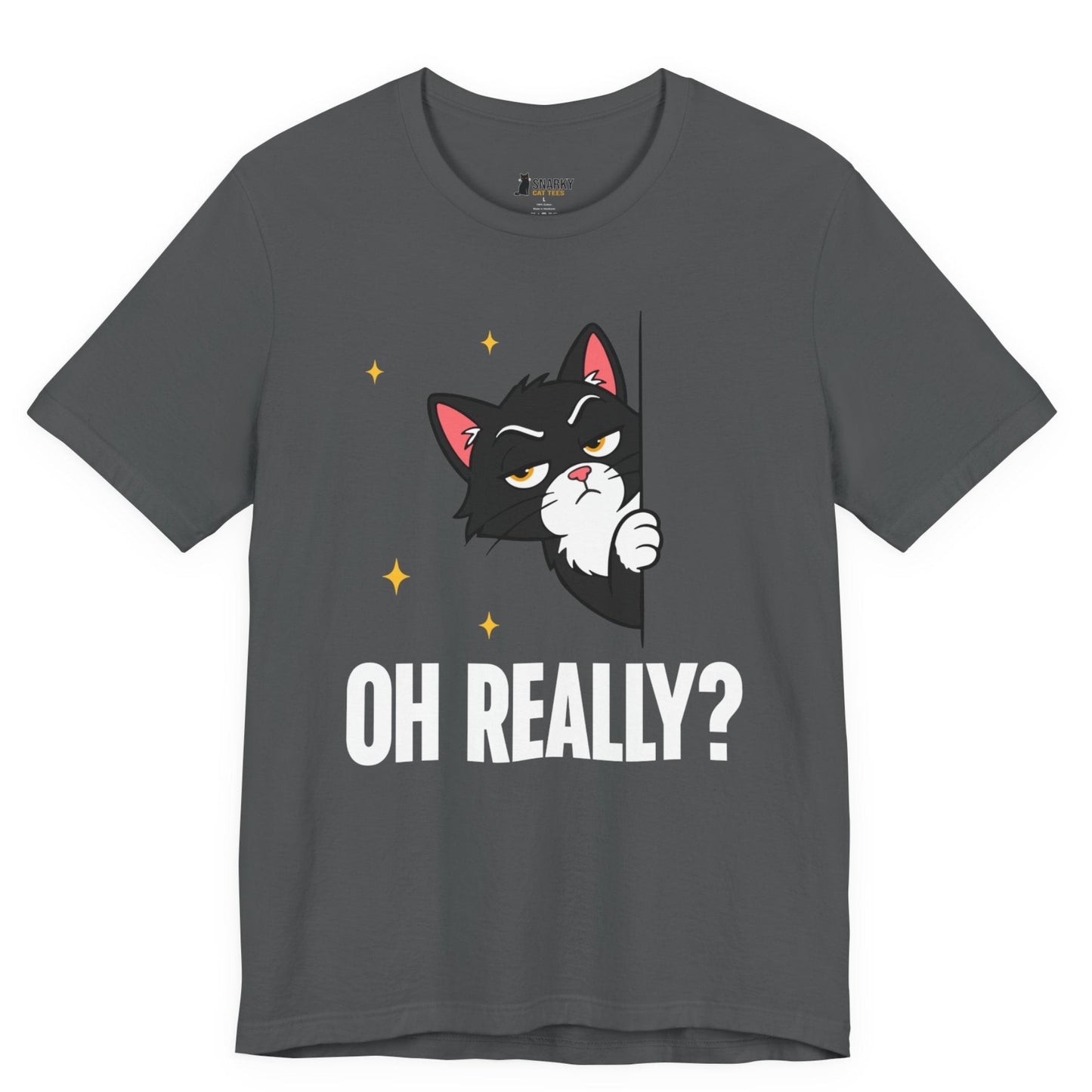 Snarky cat t-shirt with Oh Really slogan and peeking black cat graphic on gray shirt