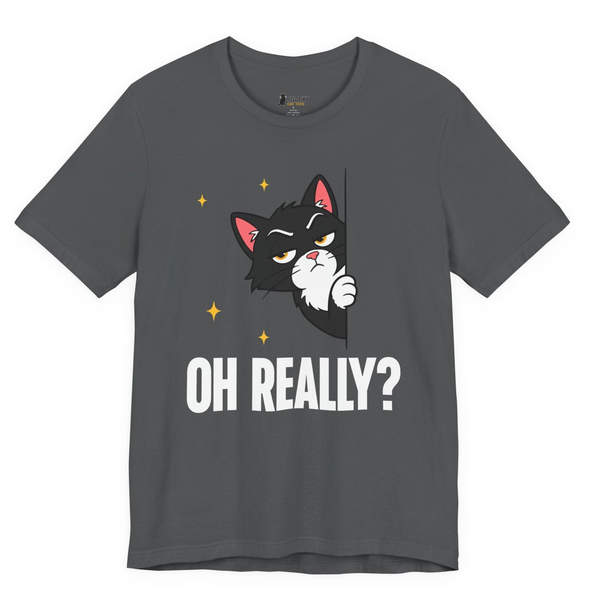 Snarky cat t-shirt with Oh Really slogan and peeking black cat graphic on gray shirt