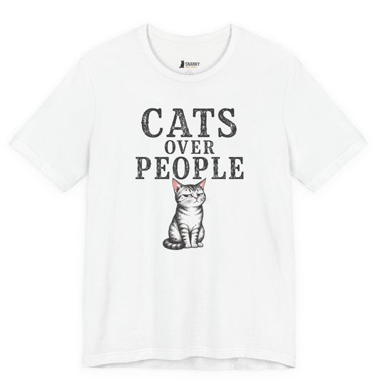 Funny cat t-shirt with Cats Over People slogan and tabby cat graphic on white shirt