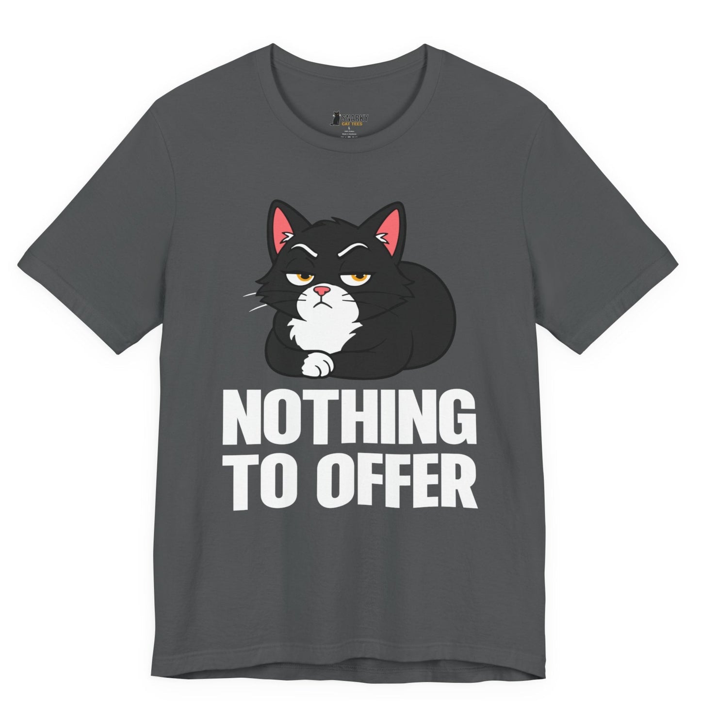 Funny cat t-shirt with Nothing to Offer slogan and black loaf cat graphic on gray shirt