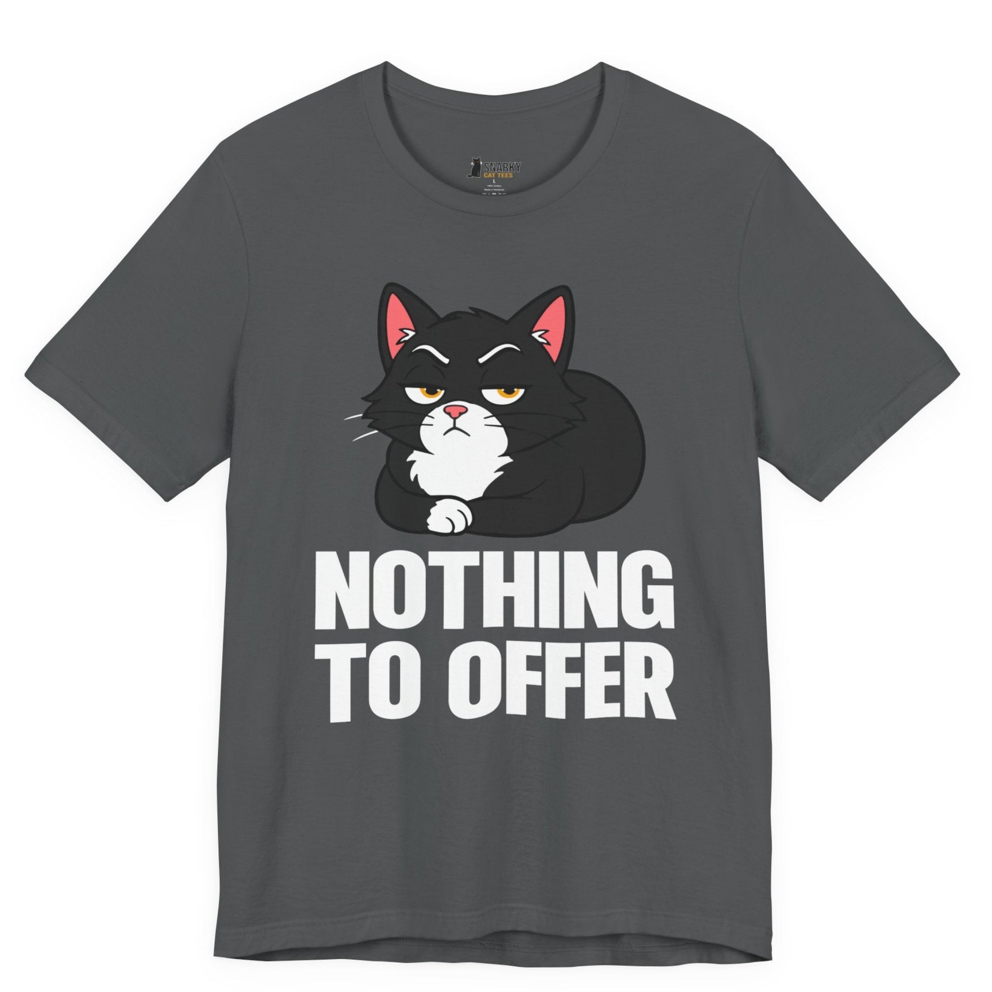 Funny cat t-shirt with Nothing to Offer slogan and black loaf cat graphic on gray shirt