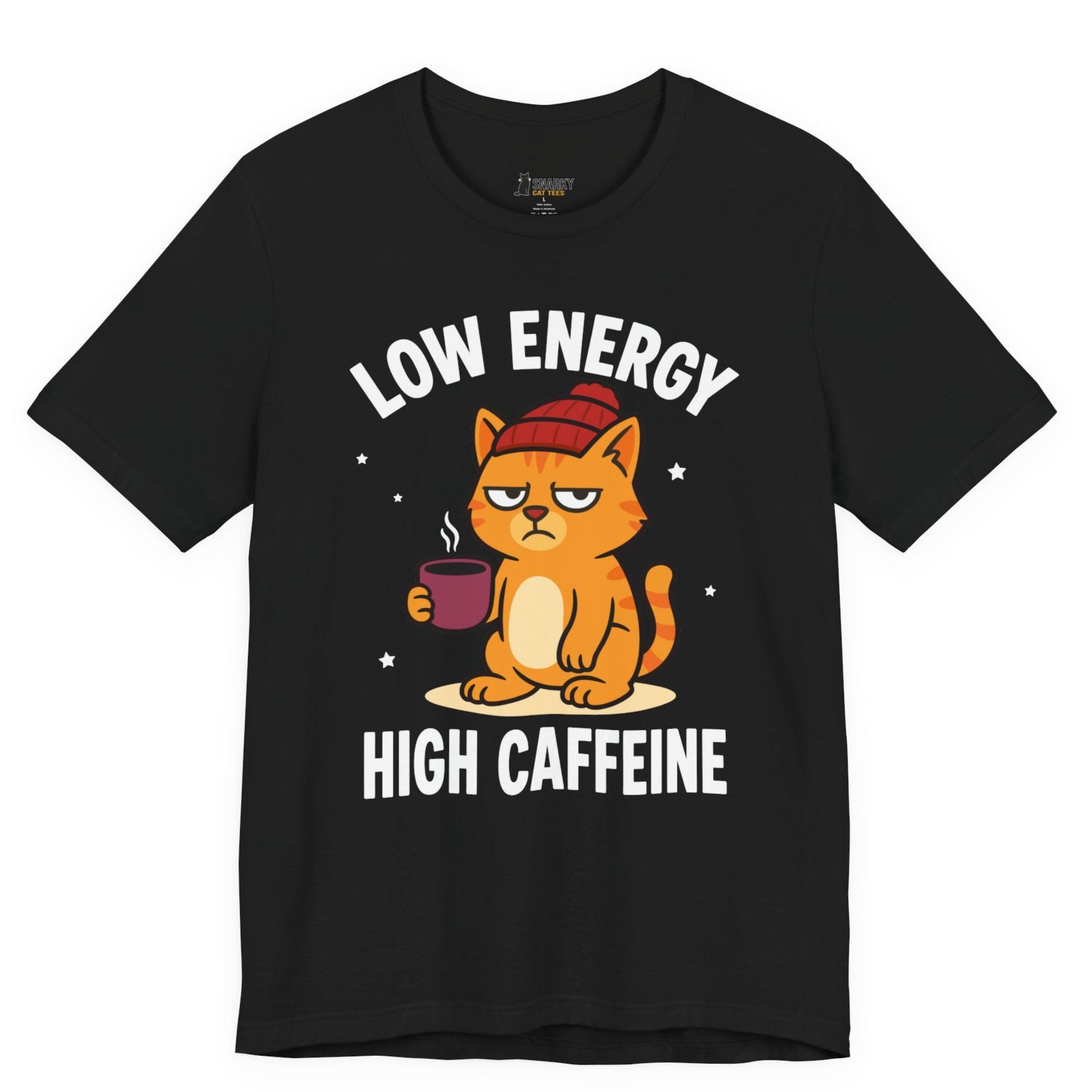 Funny cat t-shirt with Low Energy High Caffeine slogan and beanie cat graphic on black shirt