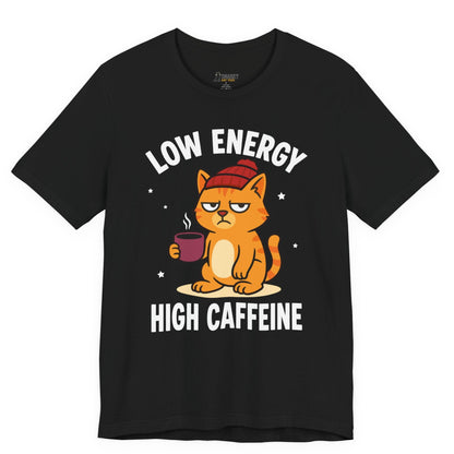 Funny cat t-shirt with Low Energy High Caffeine slogan and beanie cat graphic on black shirt