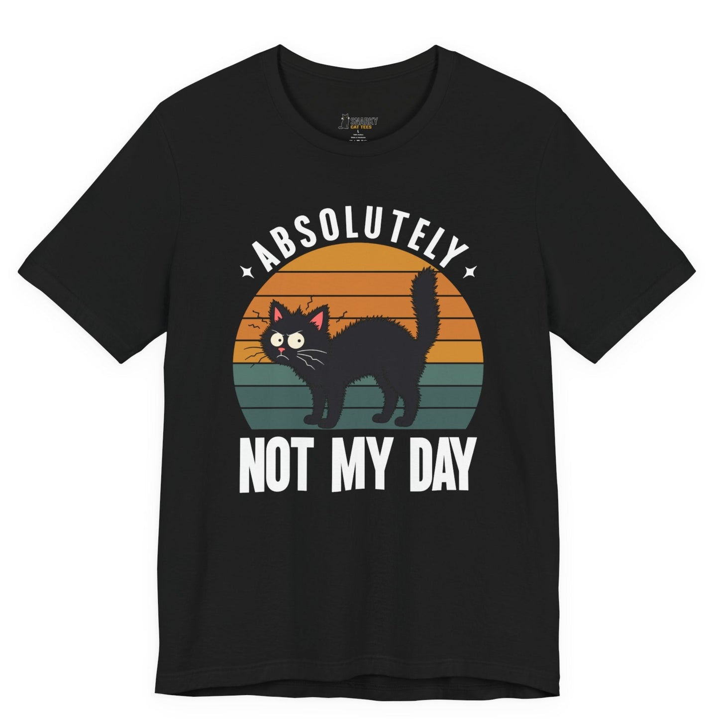 Funny cat t-shirt with Absolutely Not My Day slogan and retro black cat graphic on black shirt