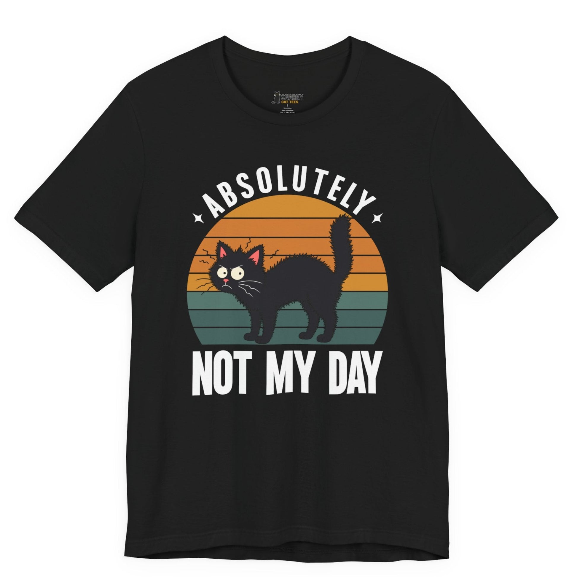 Funny cat t-shirt with Absolutely Not My Day slogan and retro black cat graphic on black shirt