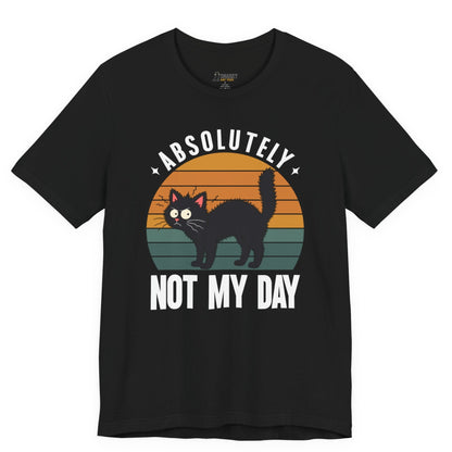 Funny cat t-shirt with Absolutely Not My Day slogan and retro black cat graphic on black shirt