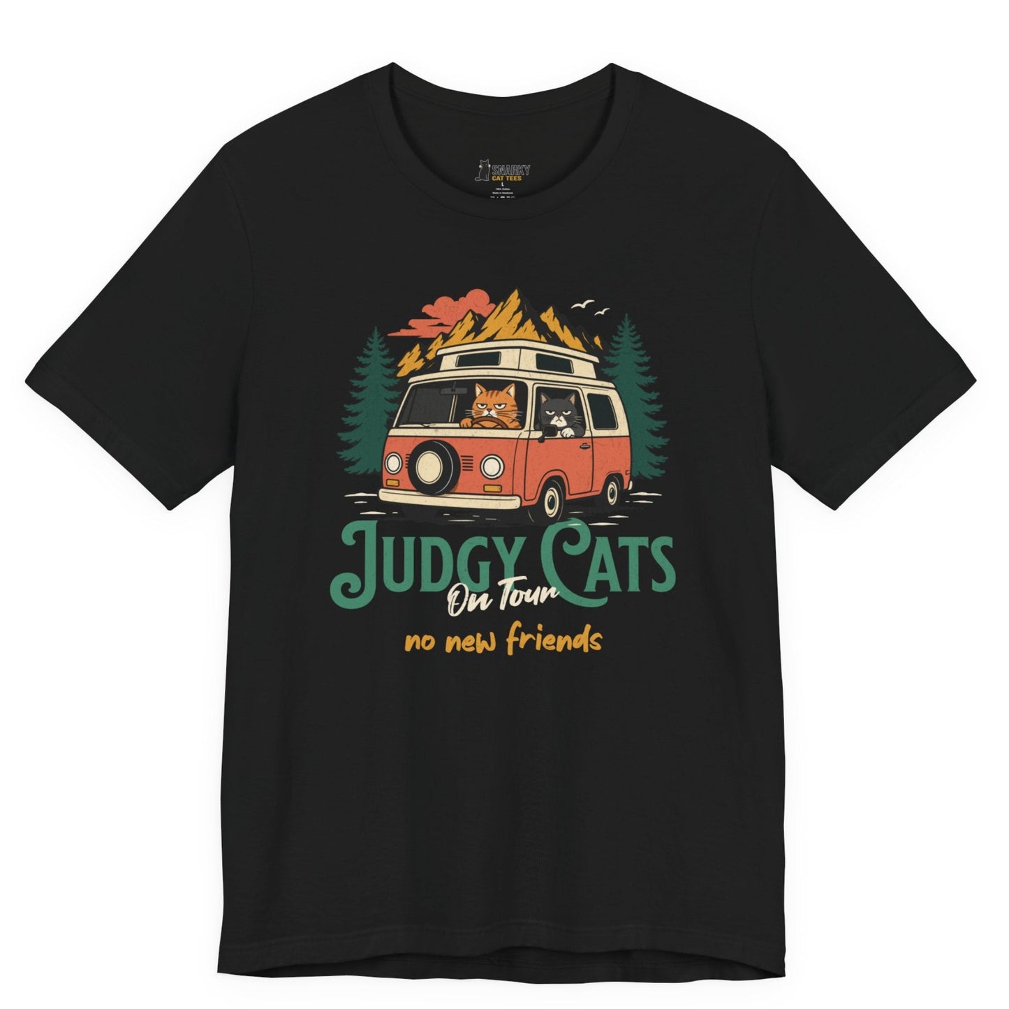 Funny cat t-shirt with Judgy Cats On Tour No New Friends slogan and van cats graphic on black shirt