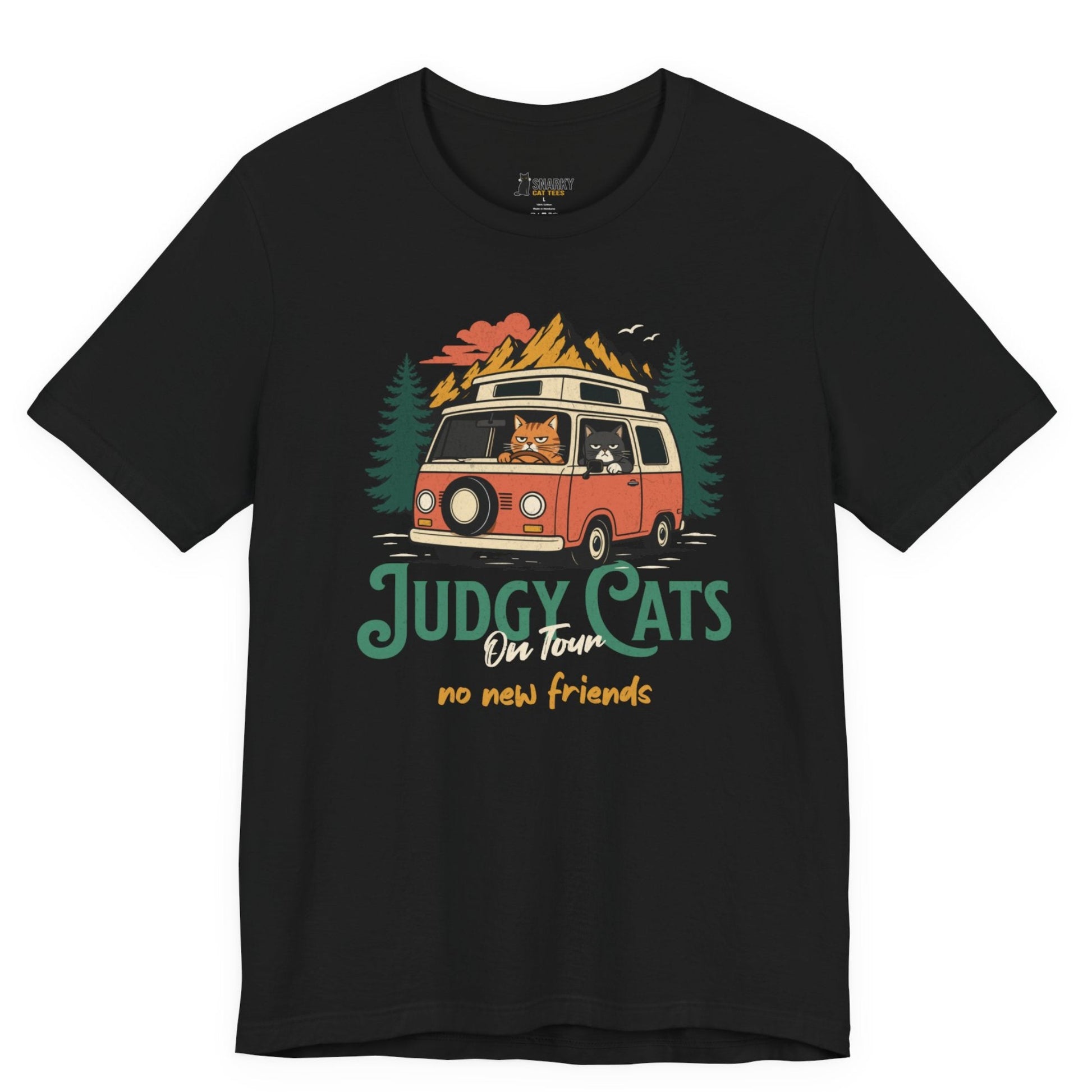 Funny cat t-shirt with Judgy Cats On Tour No New Friends slogan and van cats graphic on black shirt