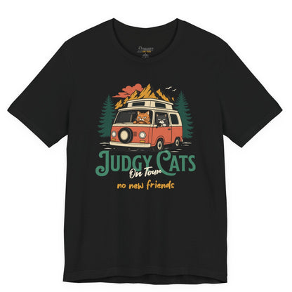 Funny cat t-shirt with Judgy Cats On Tour No New Friends slogan and van cats graphic on black shirt