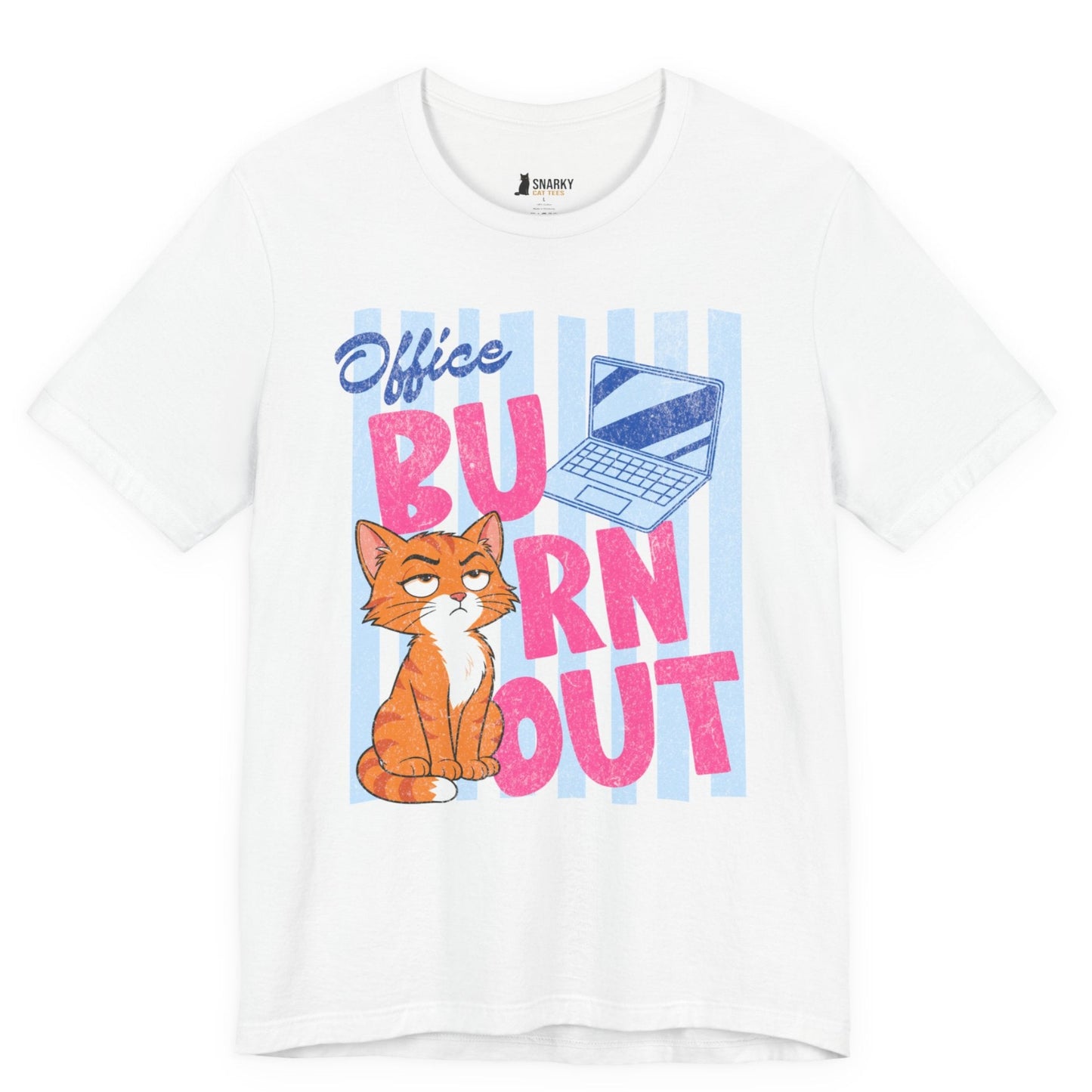 Funny cat t-shirt with Office Burnout slogan and laptop cat graphic on white shirt