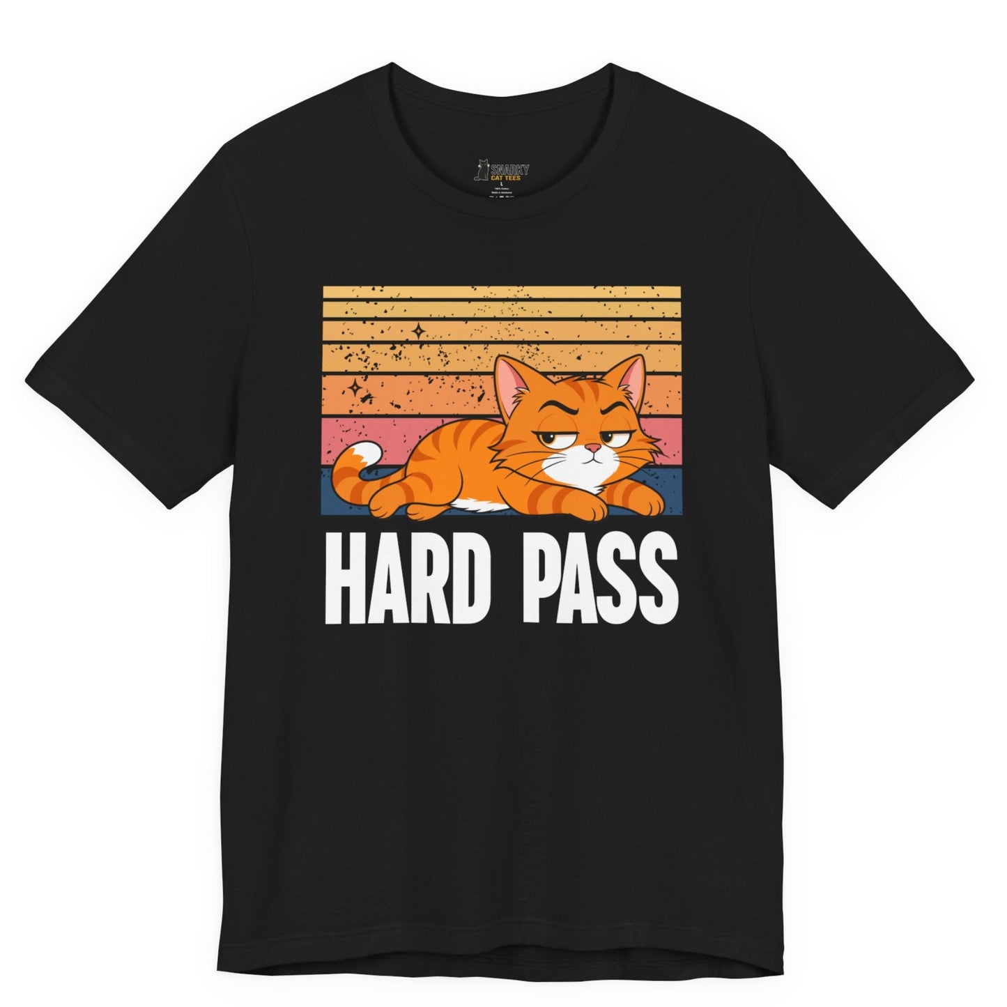 Sarcastic cat t-shirt with Hard Pass slogan and retro orange cat graphic on black shirt