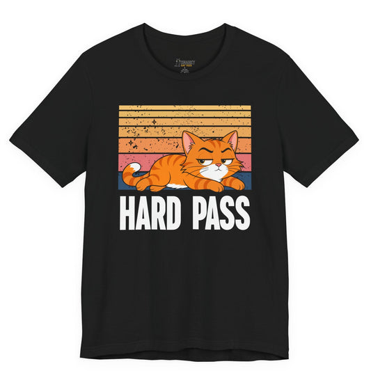 Sarcastic cat t-shirt with Hard Pass slogan and retro orange cat graphic on black shirt