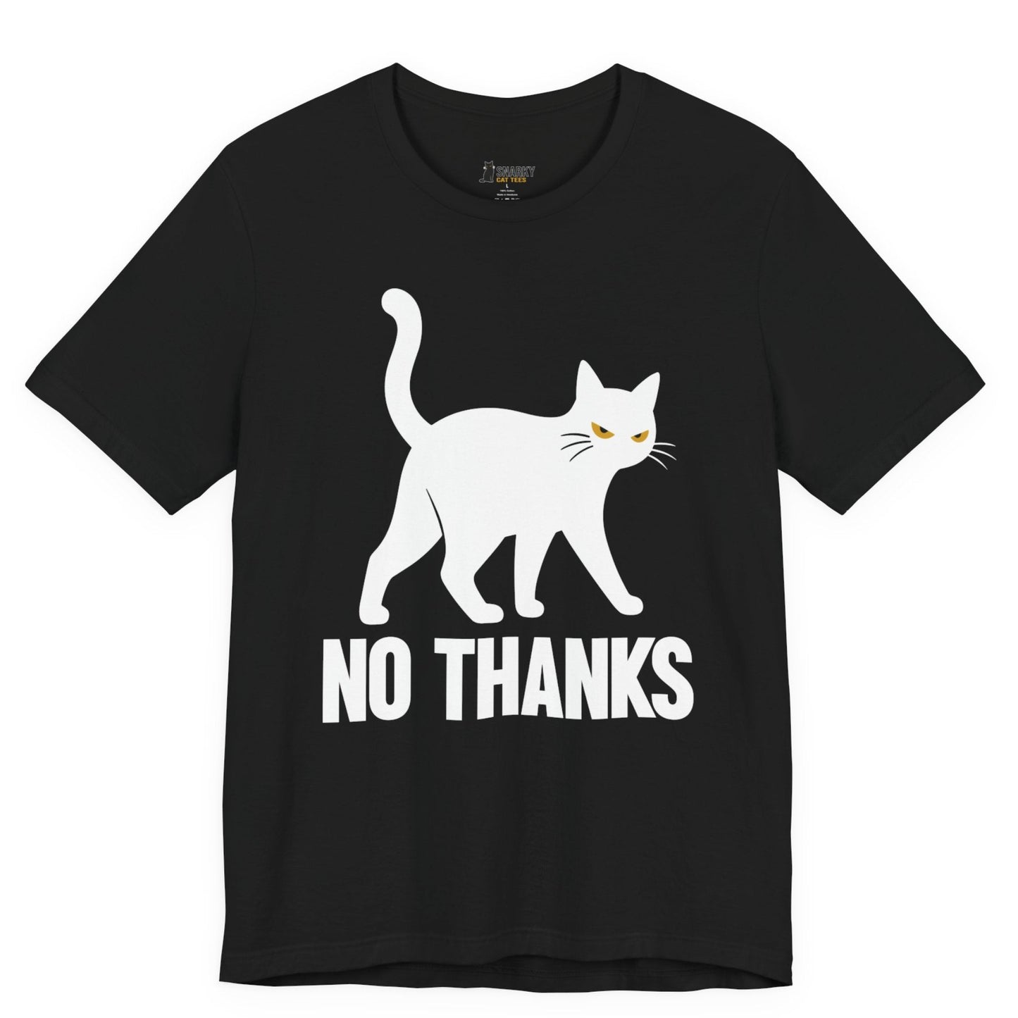 Sarcastic cat t-shirt with No Thanks slogan and white walking cat graphic on black shirt