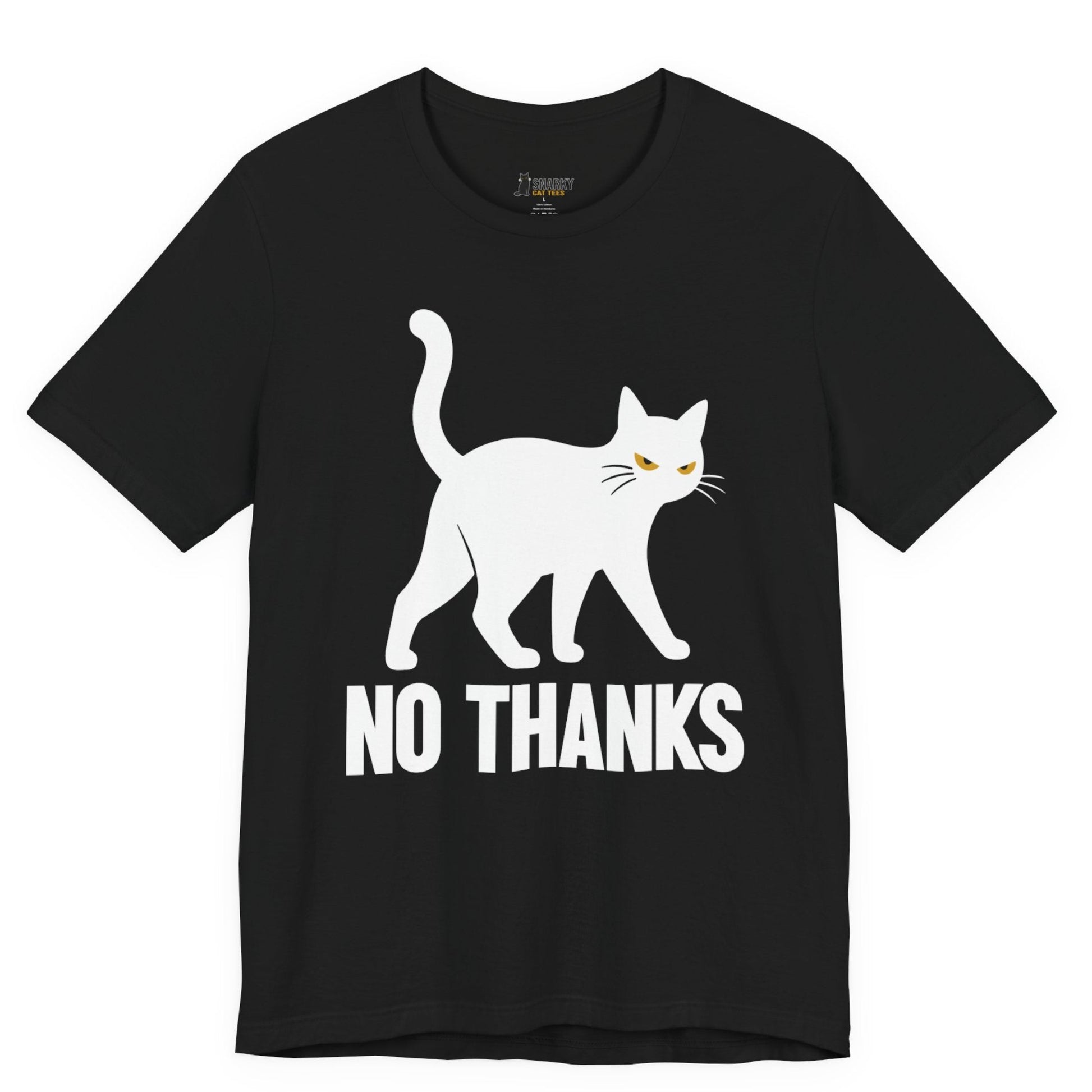 Sarcastic cat t-shirt with No Thanks slogan and white walking cat graphic on black shirt