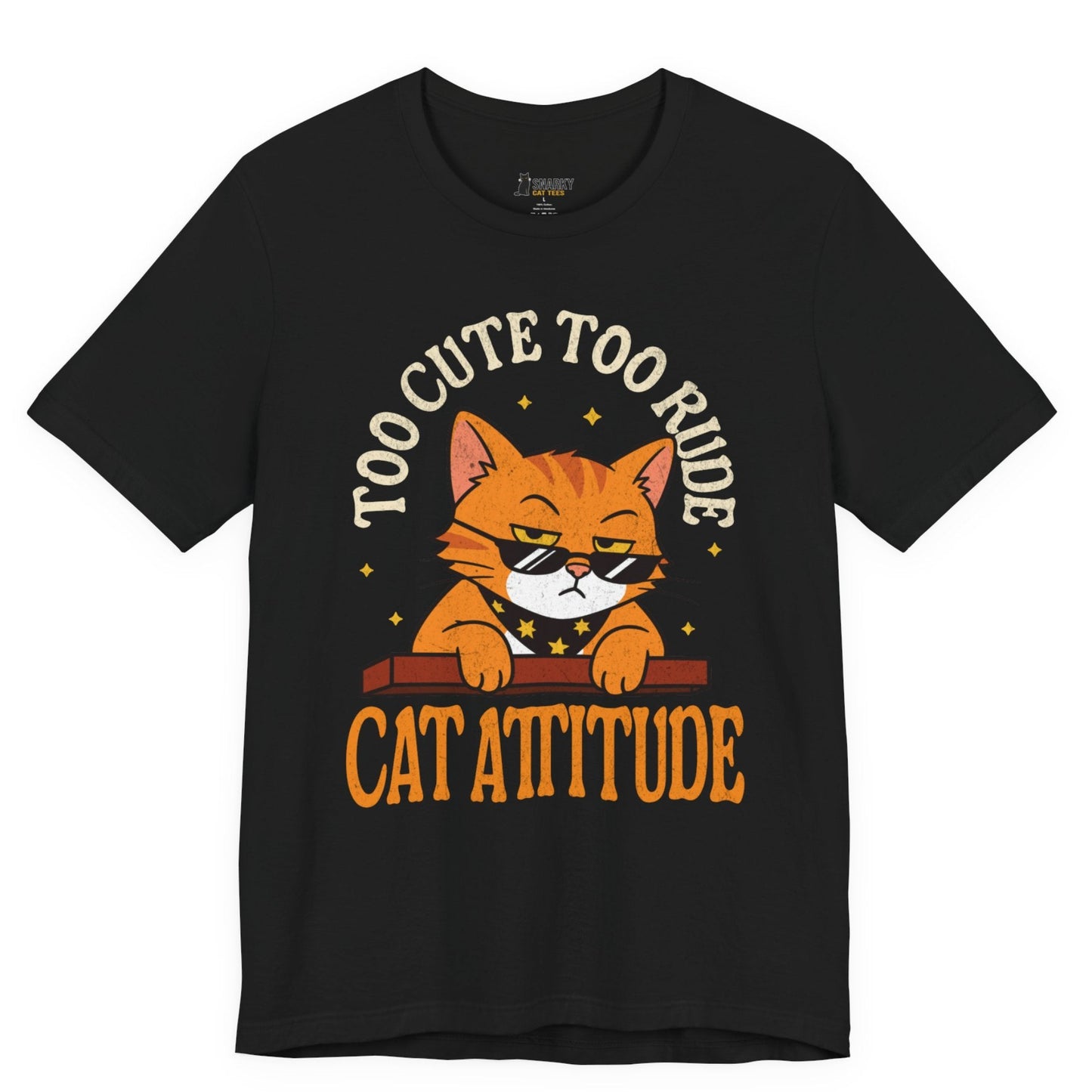 Funny cat t-shirt with Too Cute to Ride Cat Attitude slogan and sunglasses cat graphic on black shirt