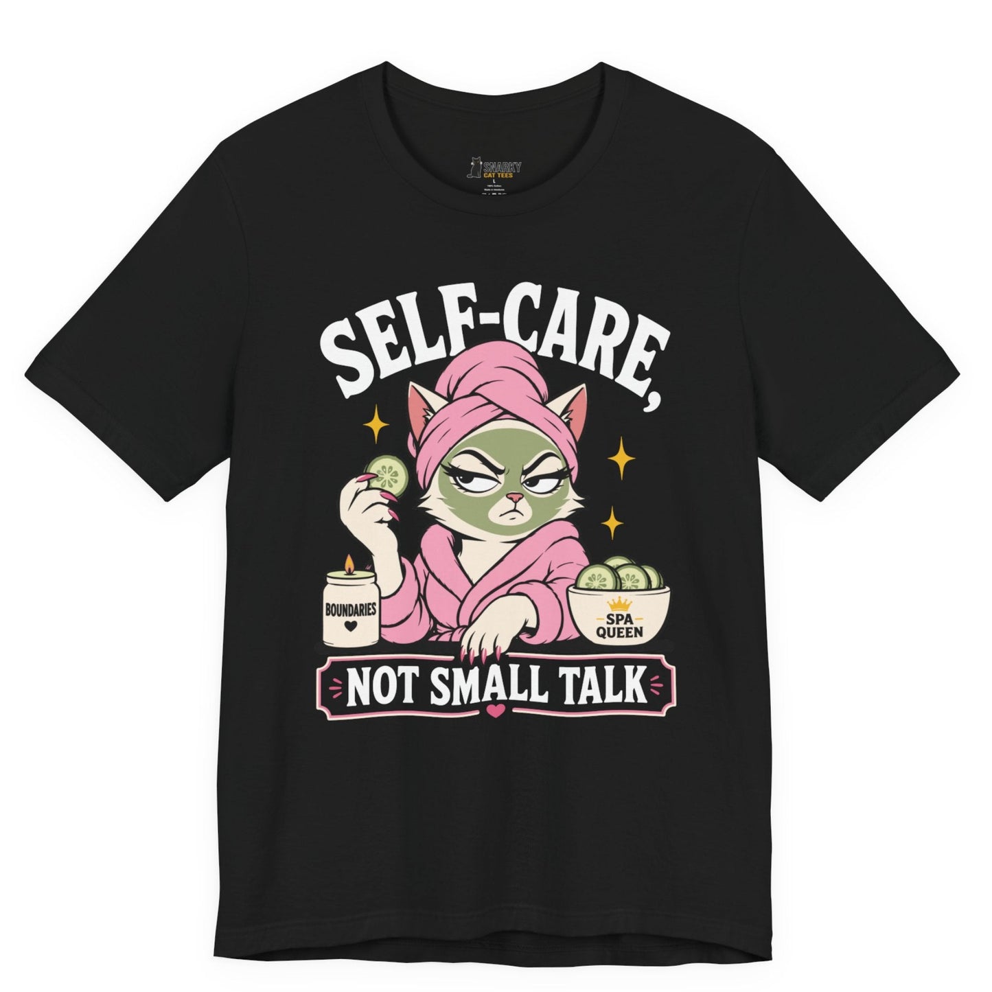 Funny cat t-shirt with Self-Care Not Small Talk slogan and spa cat graphic on black shirt