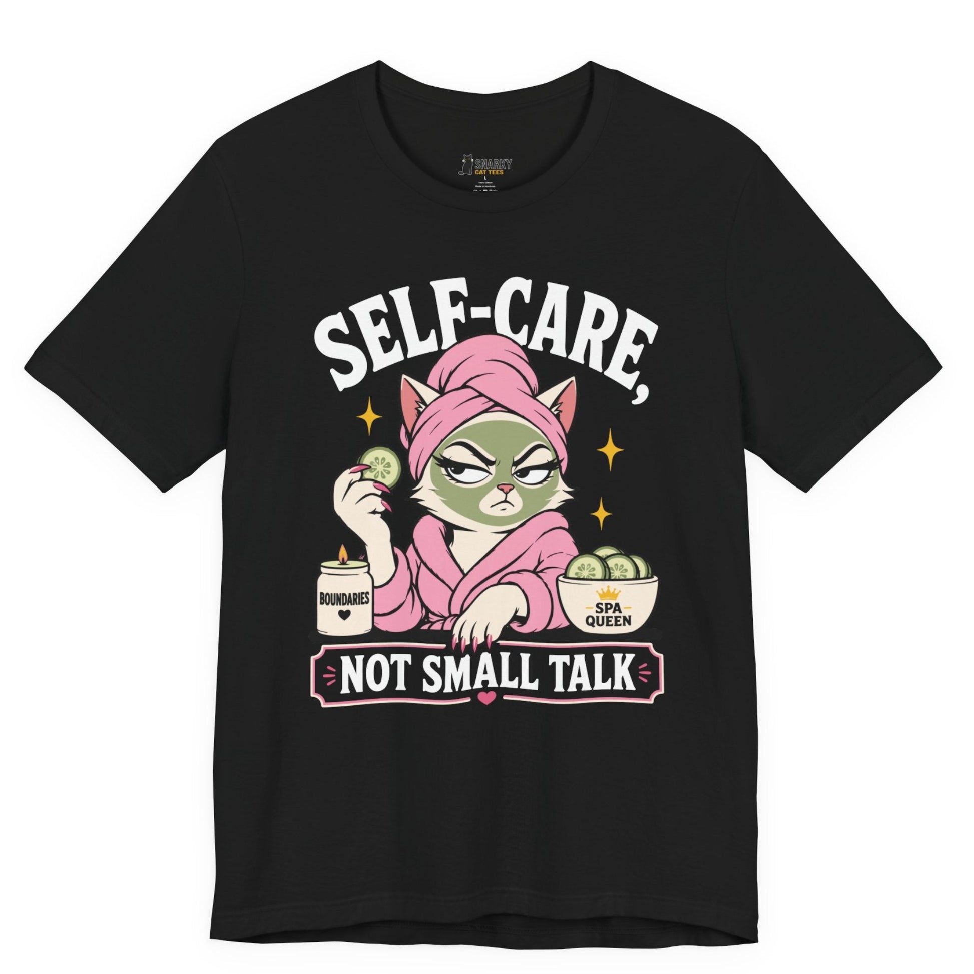 Funny cat t-shirt with Self-Care Not Small Talk slogan and spa cat graphic on black shirt