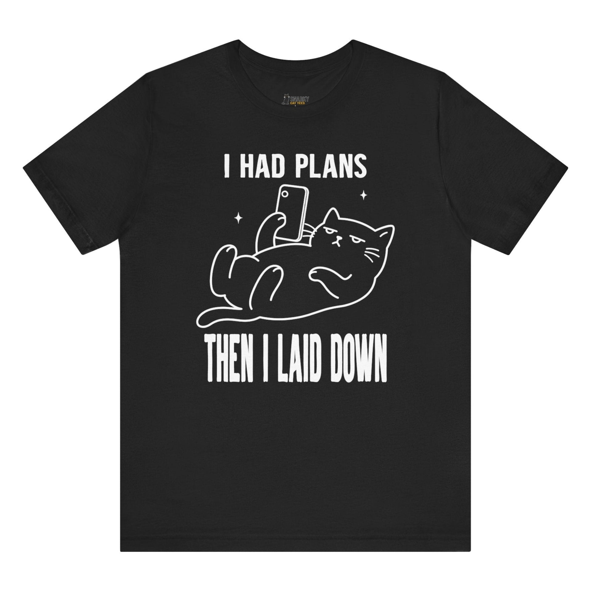 Funny cat t-shirt with I Had Plans Then I Laid Down slogan and phone cat graphic on black shirt