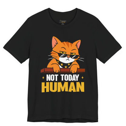 Funny cat t-shirt with Not Today Human slogan and sunglasses cat graphic on black shirt