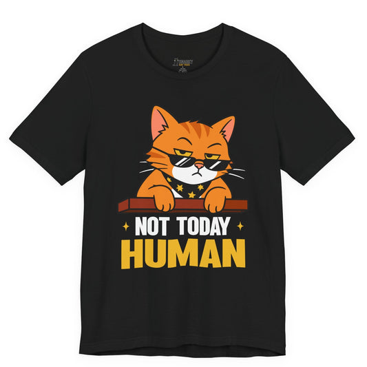 Funny cat t-shirt with Not Today Human slogan and sunglasses cat graphic on black shirt