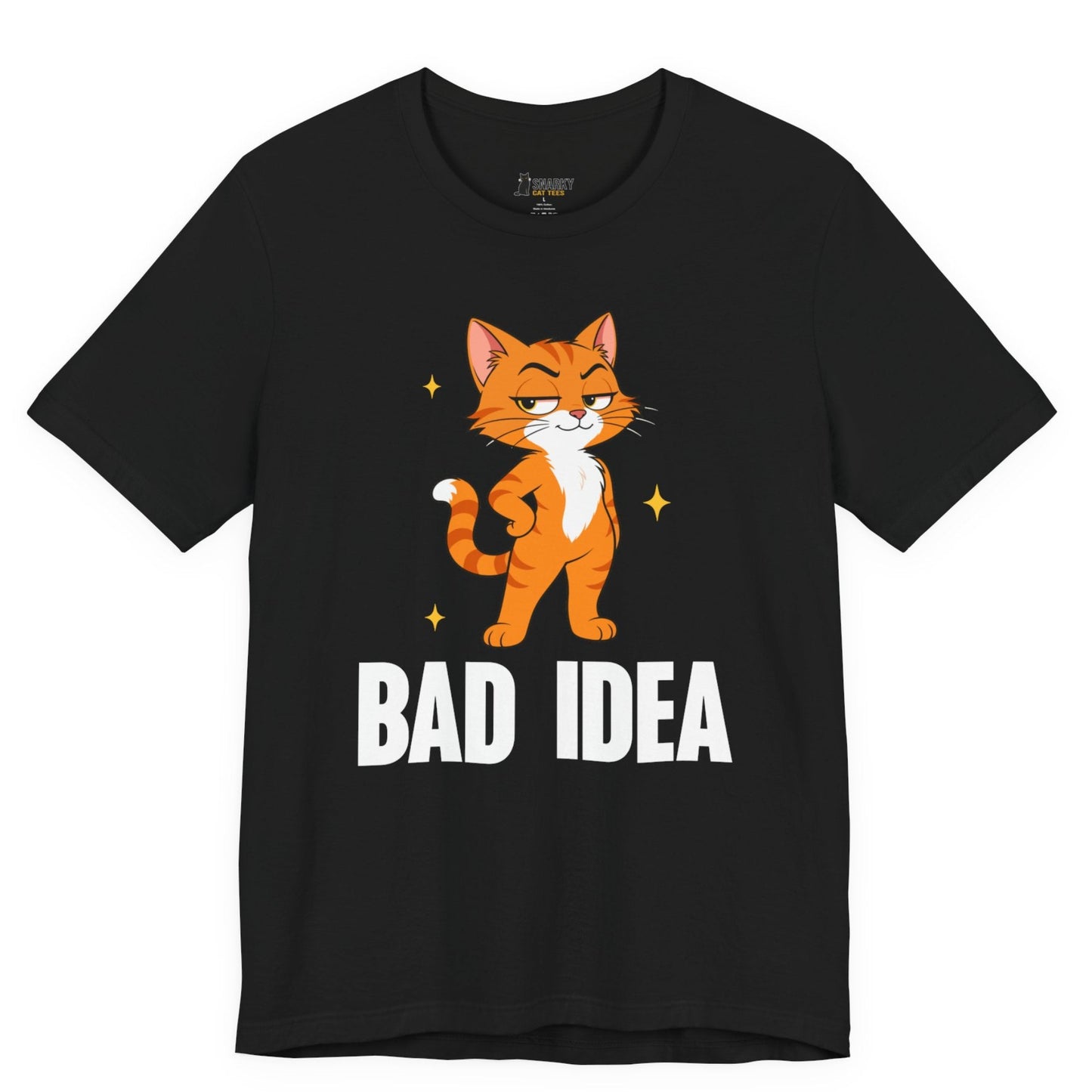 Snarky cat t-shirt with Bad Idea slogan and standing orange cat graphic on black shirt