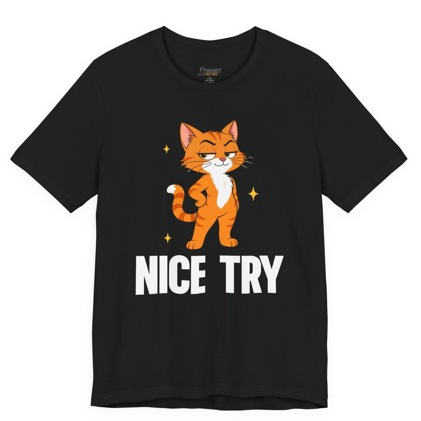 Snarky cat t-shirt with Nice Try slogan and standing orange cat graphic on black shirt