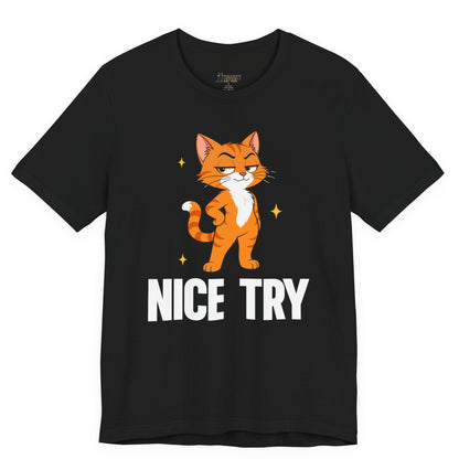 Snarky cat t-shirt with Nice Try slogan and standing orange cat graphic on black shirt