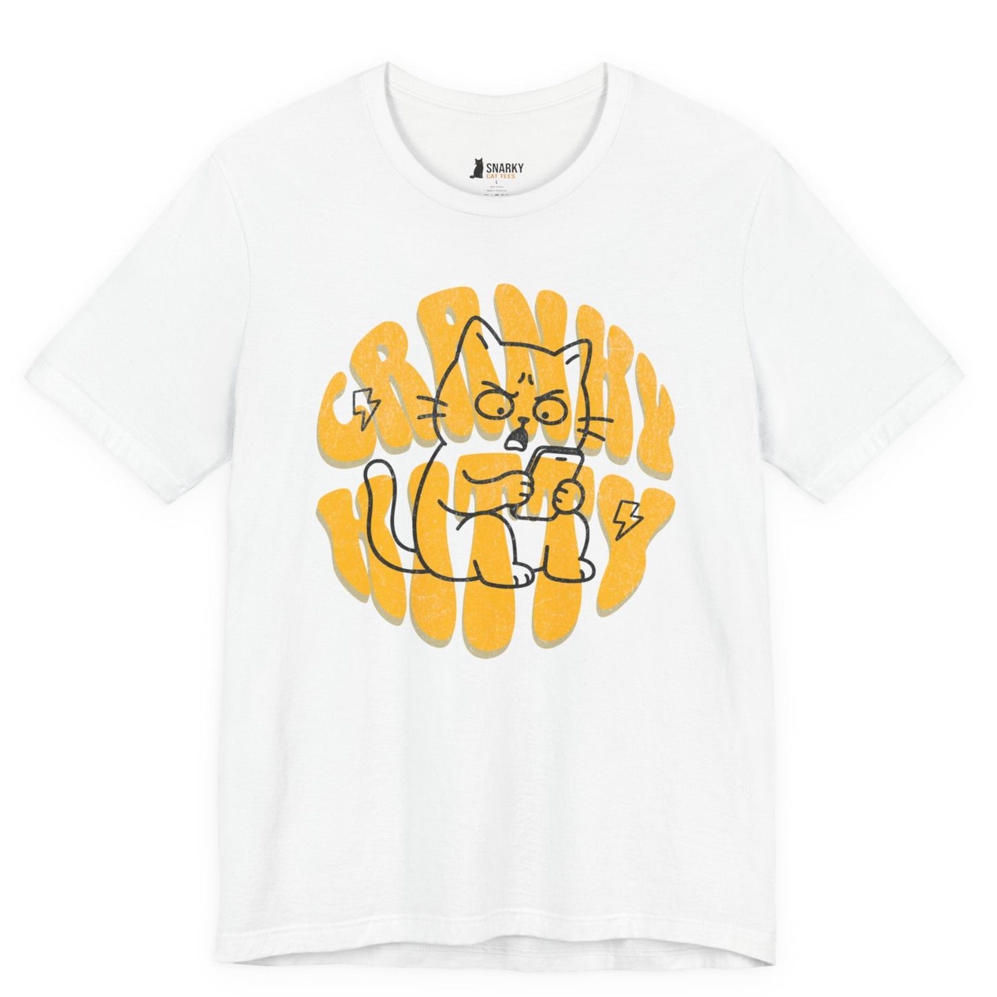Funny cat t-shirt with Cranky Kitty slogan and texting cat graphic on white shirt